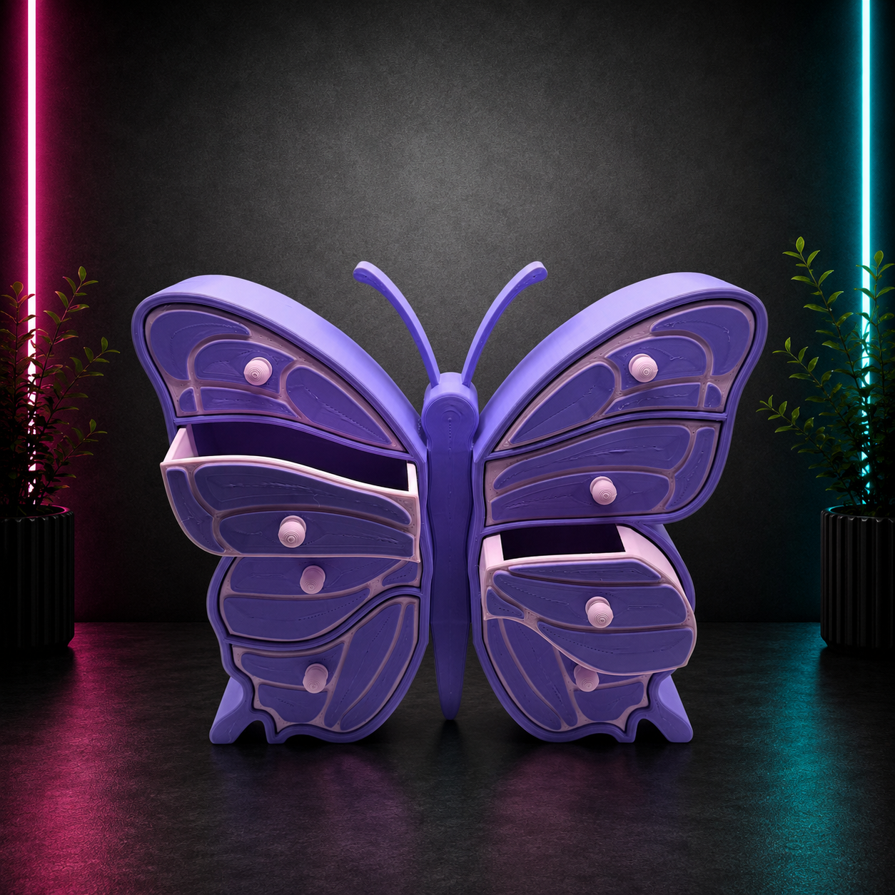 Purple butterfly-shaped jewelry box organizer with multiple storage drawers displayed on a neon black background.