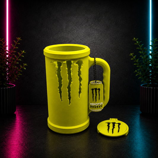 Neon green Monster-inspired drink holder with matching lid and mini can charm displayed on a dark neon-lit background for Chaotic Glow Studio.