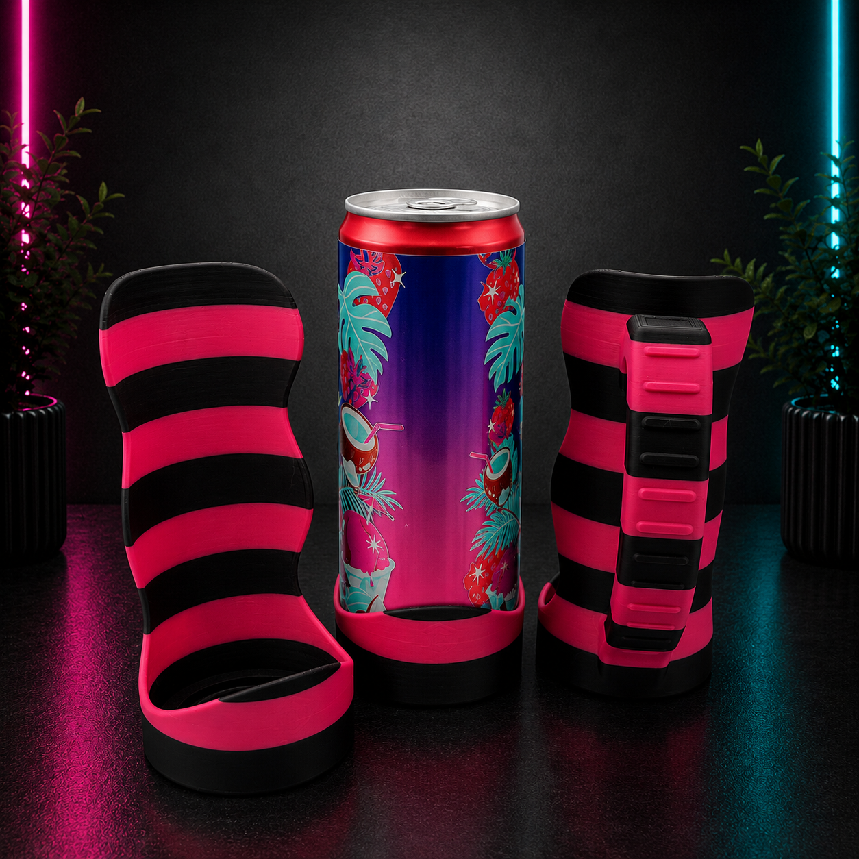 Pink and black striped slim can holder drink accessory set displayed with a tropical energy drink can on a neon black background for Chaotic Glow Studio.