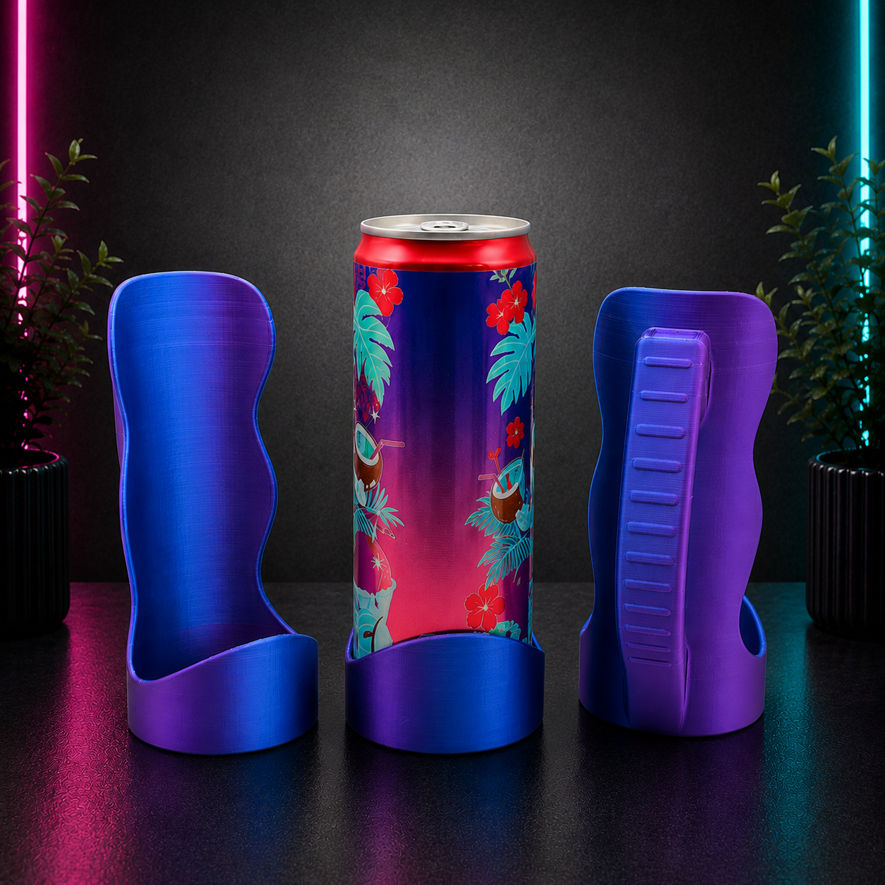 Purple and blue slim can holder drink accessories displayed with a tropical energy drink can on a neon black background for Chaotic Glow Studio.