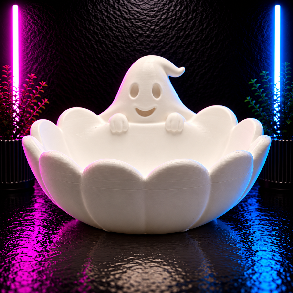 White cute ghost trinket bowl with smiling ghost peeking over a scalloped bowl for Halloween decor and small item storage.