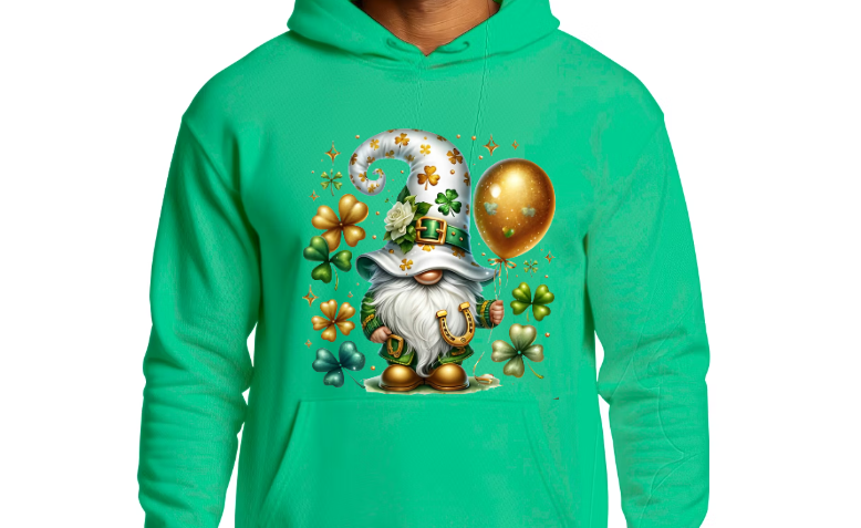 Lucky Gnome with Gold Balloon St. Patrick’s Day Hoodie – Cute Irish Clover Graphic Sweatshirt