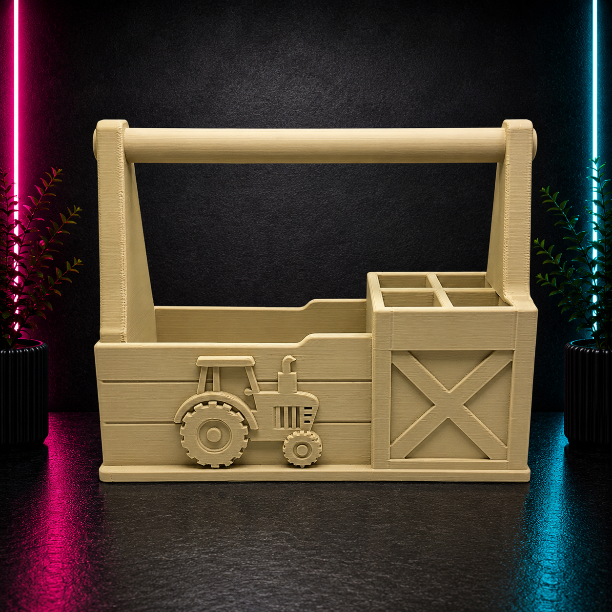 Farmhouse-style 3D printed desk organizer featuring a raised tractor design, large storage compartment, four pen holder sections, and carrying handle for office, craft room, or workshop organization.