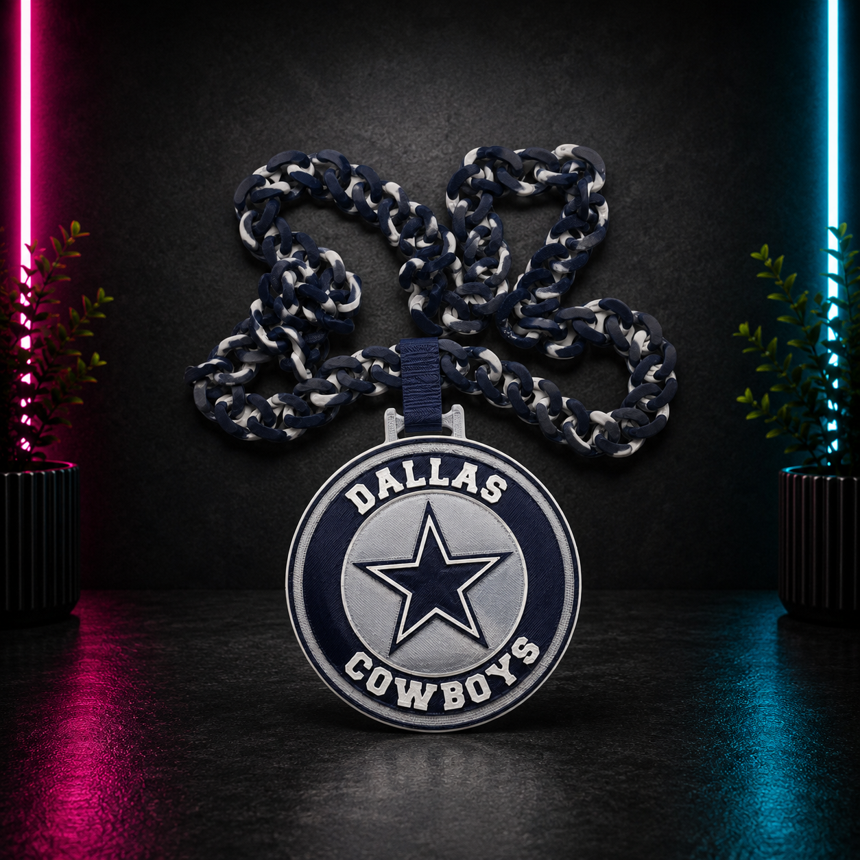 Blue and white football fan hype chain necklace featuring a large team-inspired championship medallion and oversized chain links.