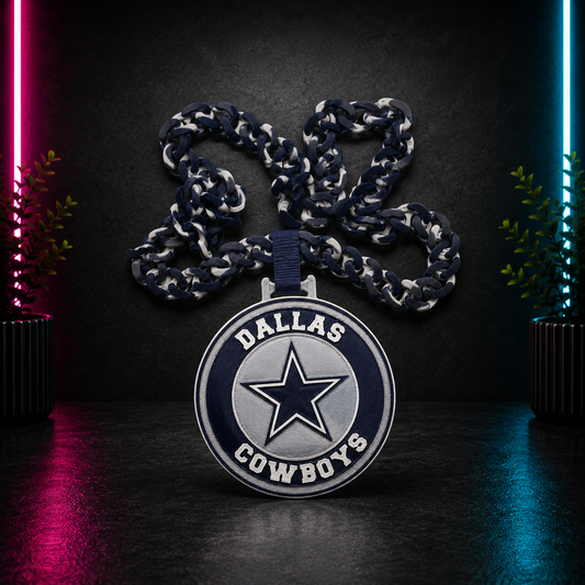 Blue and white football fan hype chain necklace featuring a large team-inspired championship medallion and oversized chain links.