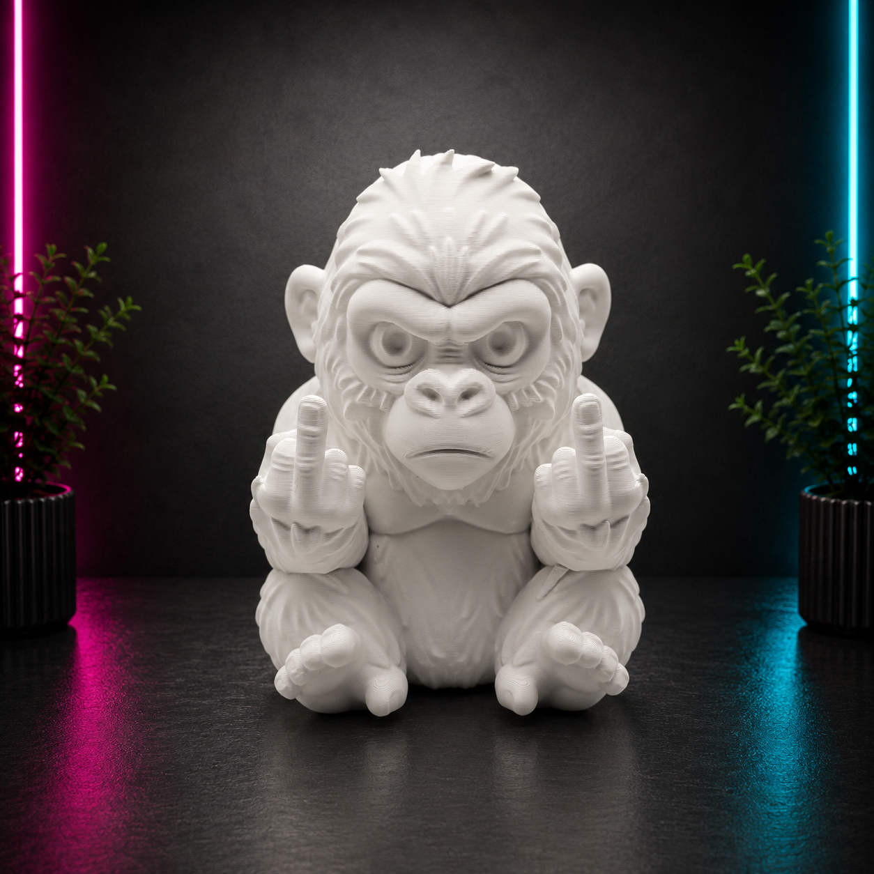 Detailed white 3D printed angry gorilla figurine with a humorous attitude displayed on a dark background.