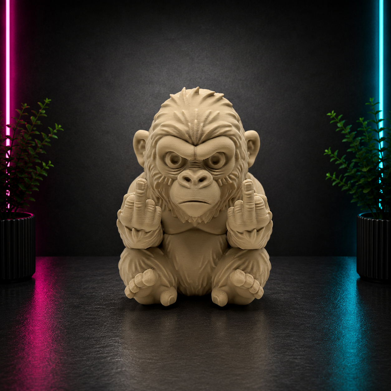 Detailed 3D printed angry gorilla figurine with a humorous attitude displayed on a dark background.