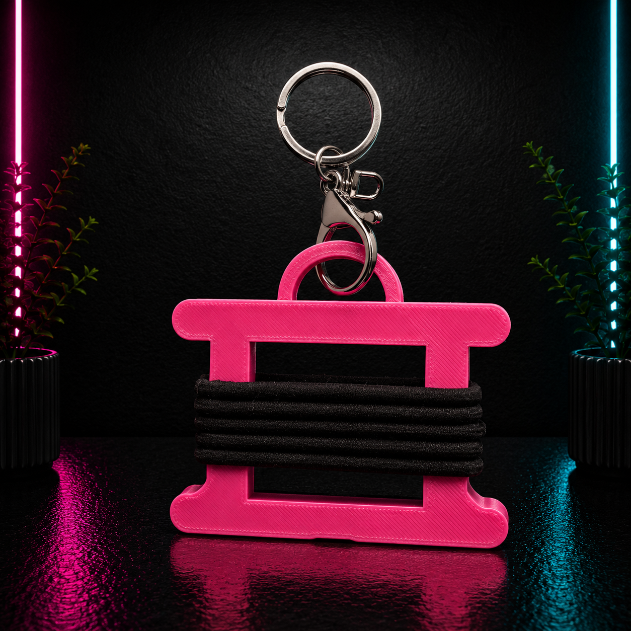 Purple 3D printed hair tie holder keychain with black elastic hair ties attached, designed to organize hair ties on purses, backpacks, gym bags, and key rings.