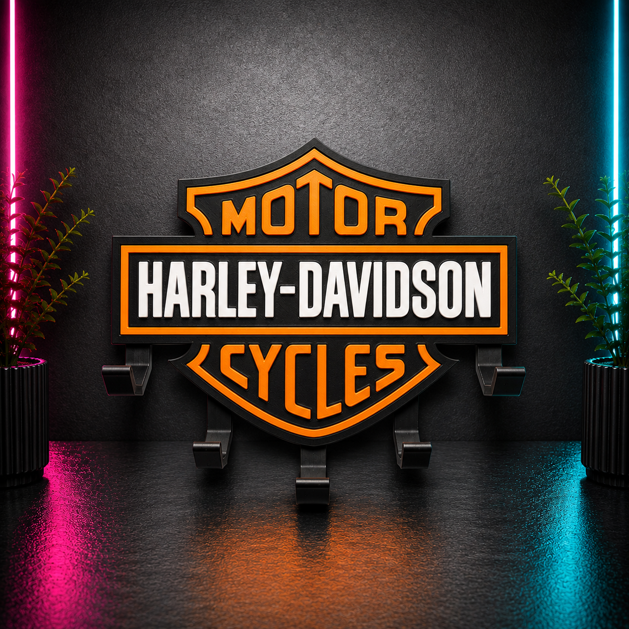 Black and orange Harley-Davidson motorcycle wall key holder with five hooks for organizing house keys in an entryway, garage, or workshop.