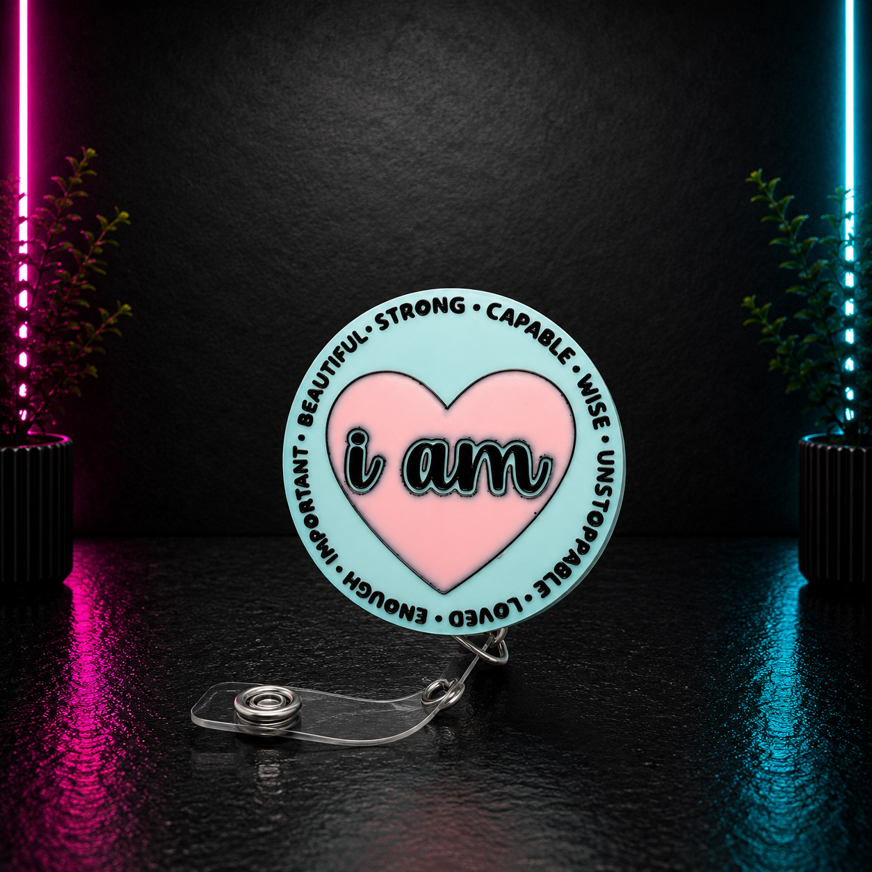 Inspirational "I Am" retractable badge reel featuring a pink heart with positive affirmations including Beautiful, Strong, Capable, Wise, Loved, Enough, and Unstoppable.