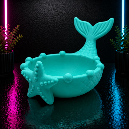 Turquoise mermaid jewelry dish featuring a mermaid tail, starfish, and pearl accents, designed as a coastal ring holder and beach-themed trinket tray for jewelry and small accessories.