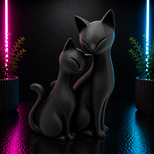 Modern black cat sculpture featuring two minimalist cats sitting together as elegant home décor for cat lovers and contemporary interiors.