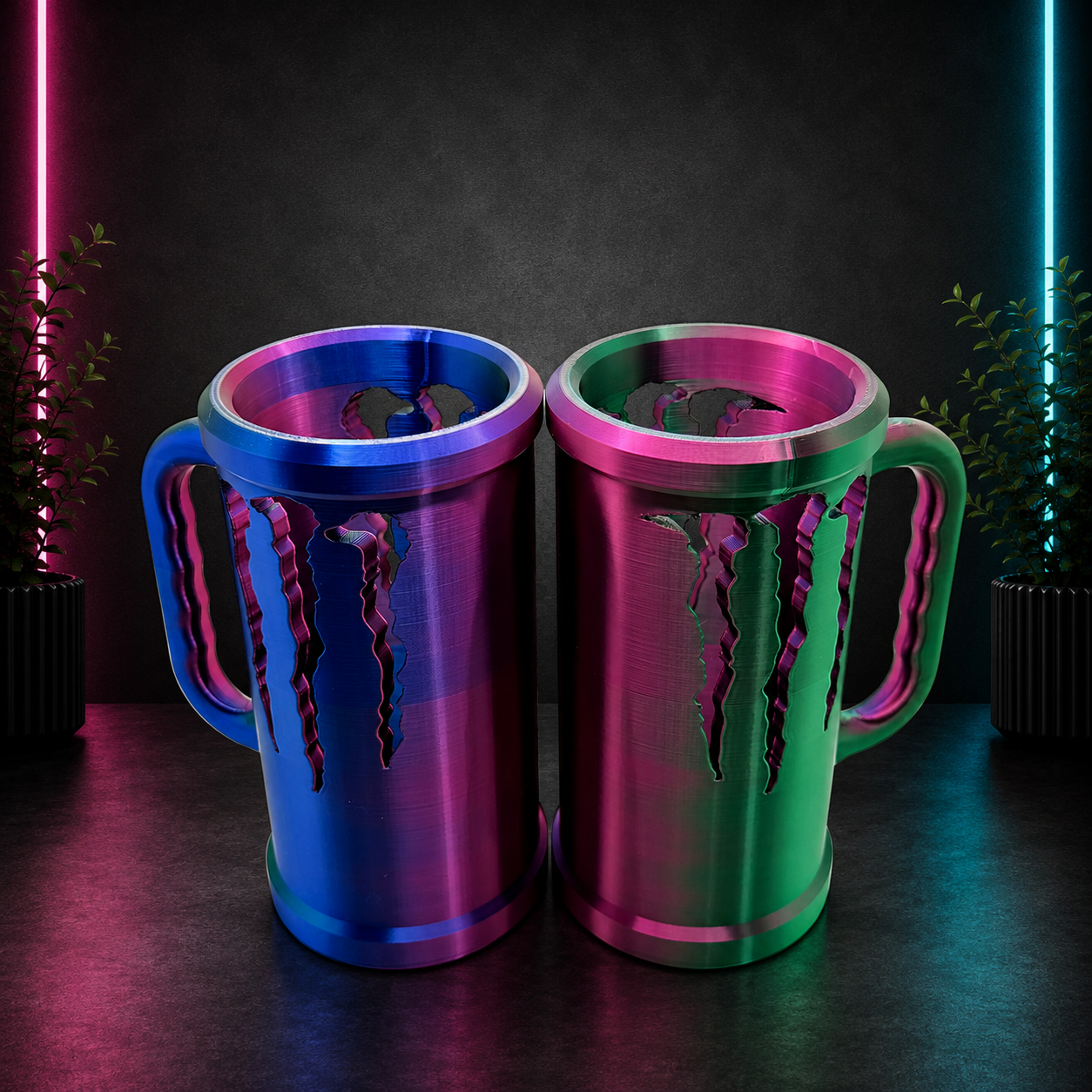 Monster-inspired travel mug holder with built-in handle and claw design shown from front and back views on Chaotic Glow Studio neon black background.