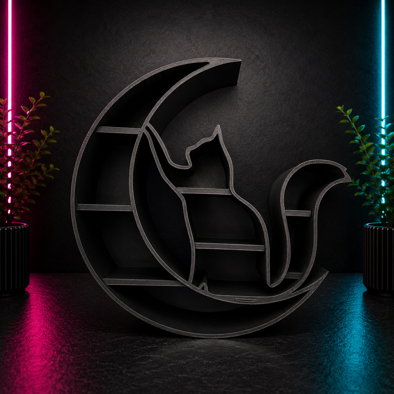 Black crescent moon cat display shelf with multiple compartments for crystals, collectibles, and decorative items.
