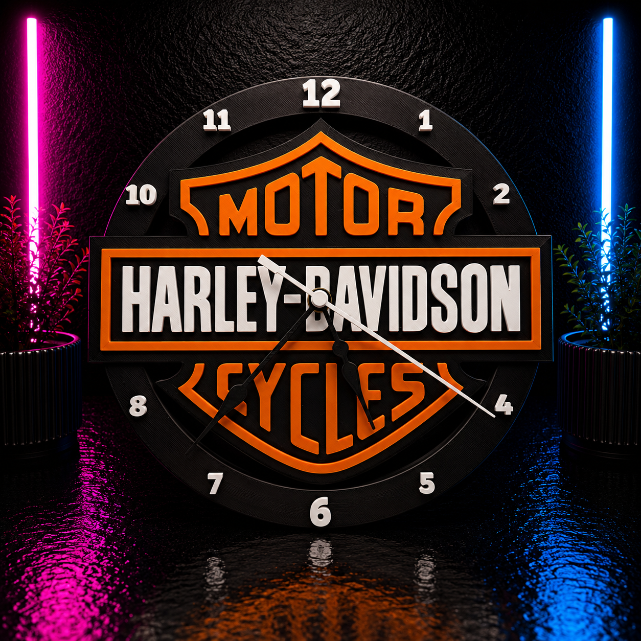 Black orange and white motorcycle logo wall clock with raised numbers and dimensional design for garage or man cave decor.