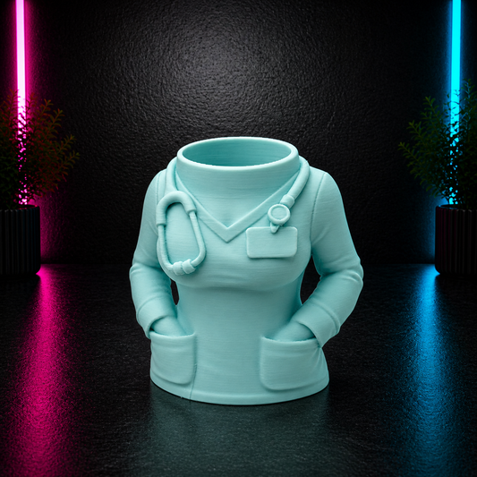 Light blue nurse scrubs pen holder and desk organizer with stethoscope detail displayed on a dark neon pink and blue background by Chaotic Glow Studio.