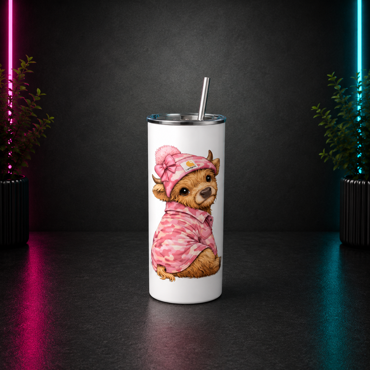 20 oz white skinny tumbler with pink Highland cow design, stainless steel straw, and neon black product background for Chaotic Glow Studio.