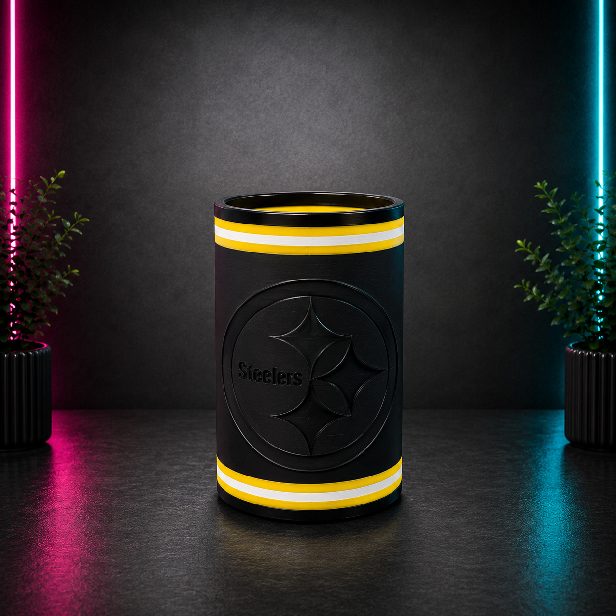 Black and gold Pittsburgh Steelers 3D printed can holder designed to fit most standard 12 oz beer and soda cans.