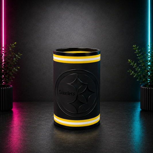 Black and gold Pittsburgh Steelers 3D printed can holder designed to fit most standard 12 oz beer and soda cans.