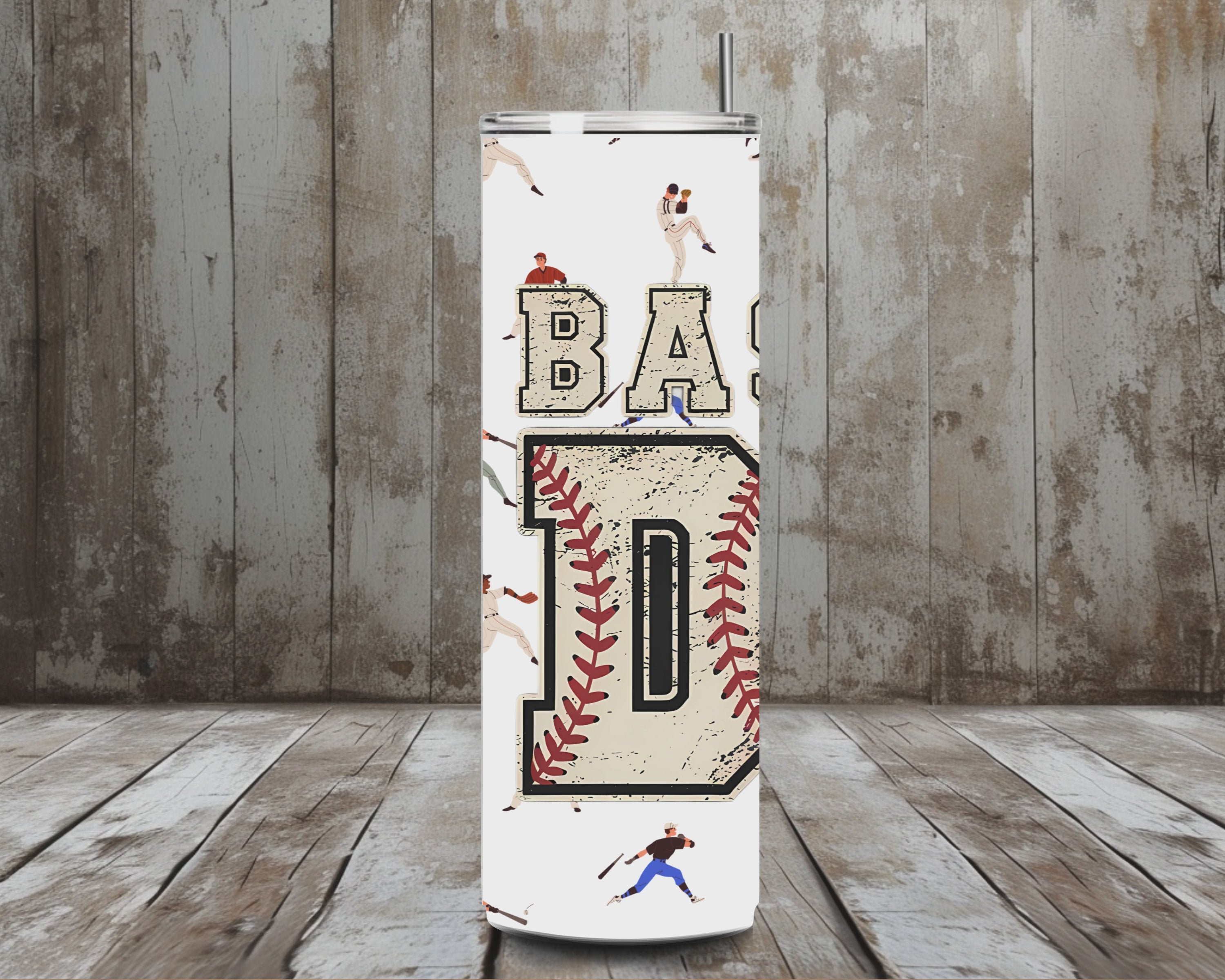 20 oz Baseball Dad Stainless Steel Tumbler – Vintage Sports Lettering (Lid + Straw)