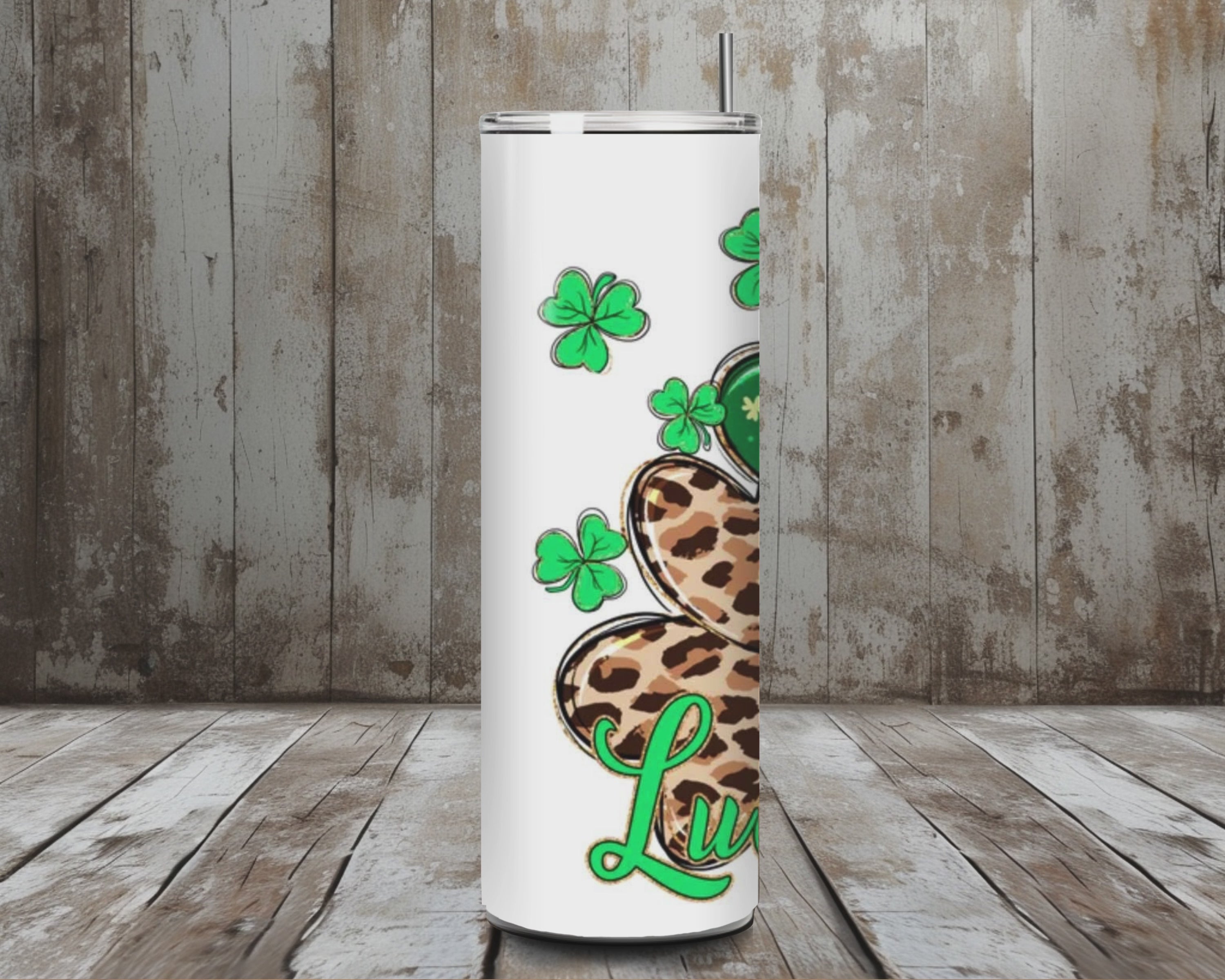 20 oz Lucky Shamrock Tumbler – Leopard Print & Gold Glitter Green Clover Design (Lid + Straw)