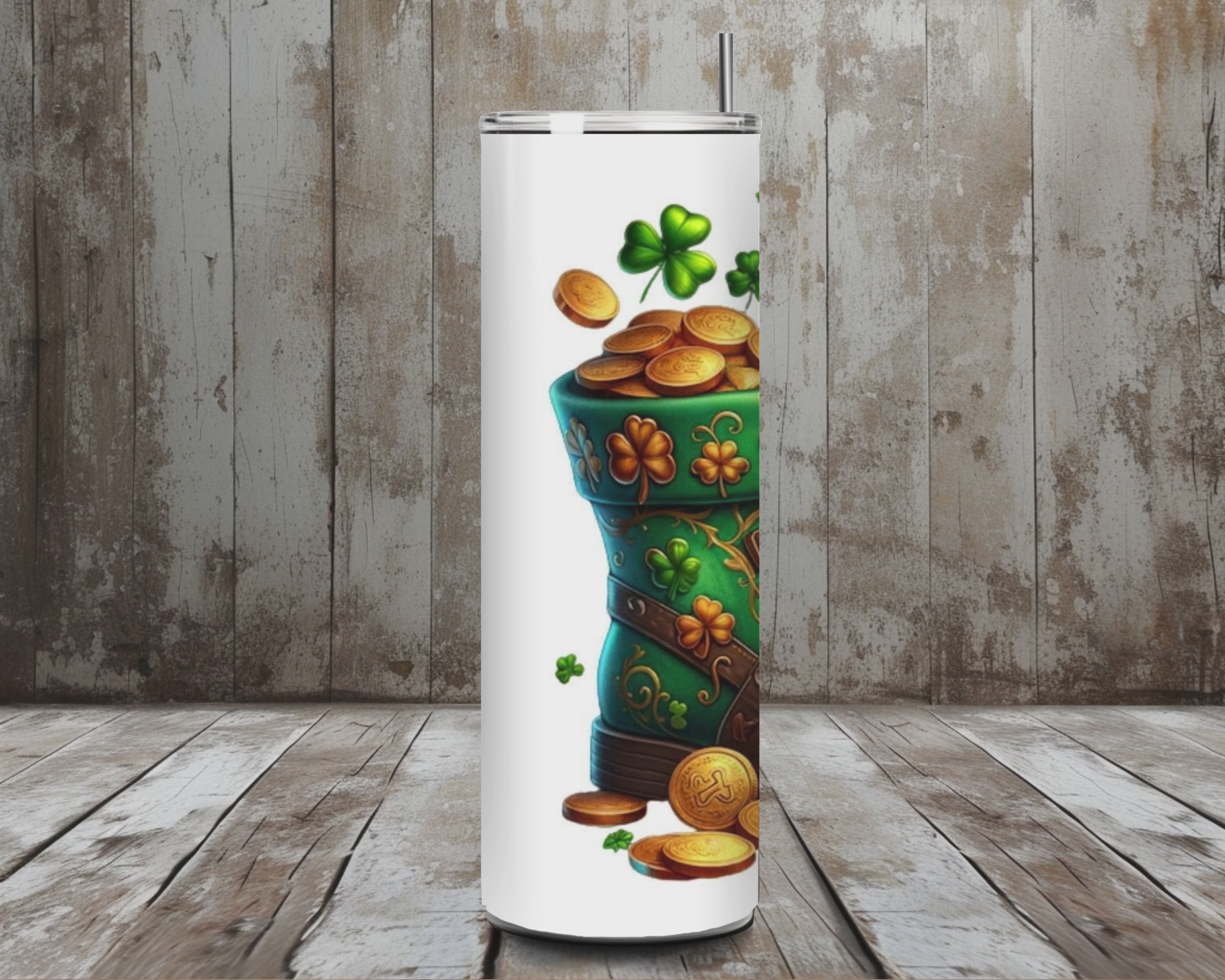 20 oz Leprechaun Gnome + Pot of Gold St. Patrick’s Day Tumbler – Shamrock Lucky Cup – Lid + Stainless Steel Straw