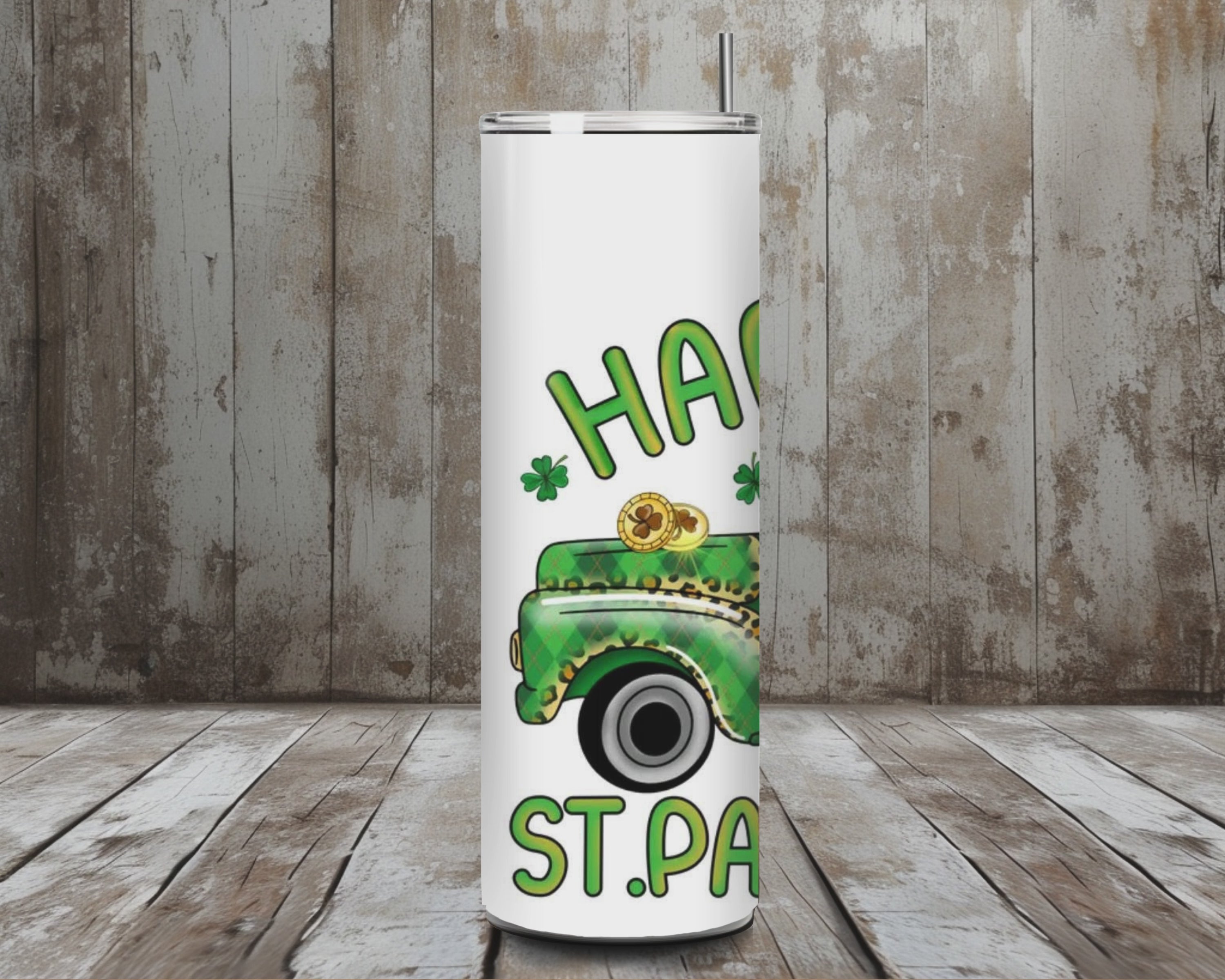 20 oz Happy St. Patrick’s Day Tumbler – Shamrock Farm Green Vintage Truck Design (Lid + Straw)