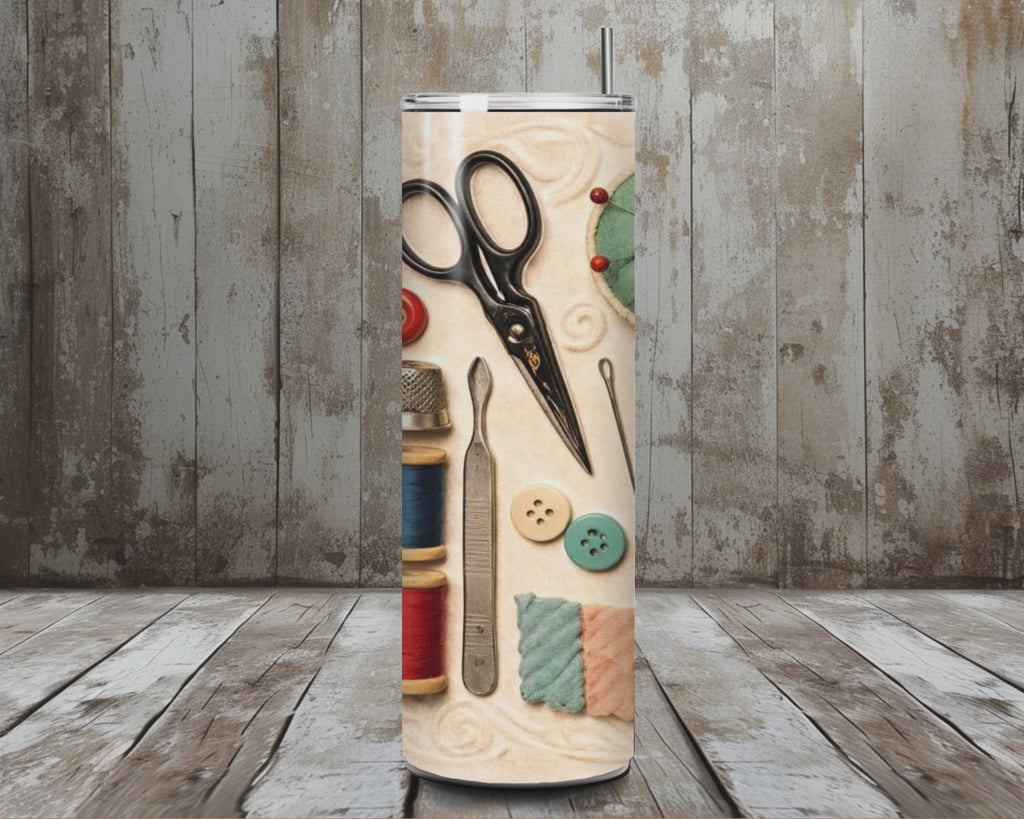 20 oz Vintage Black Sewing Machine & Notions Stainless Steel Tumbler – Lid + Stainless Steel Straw