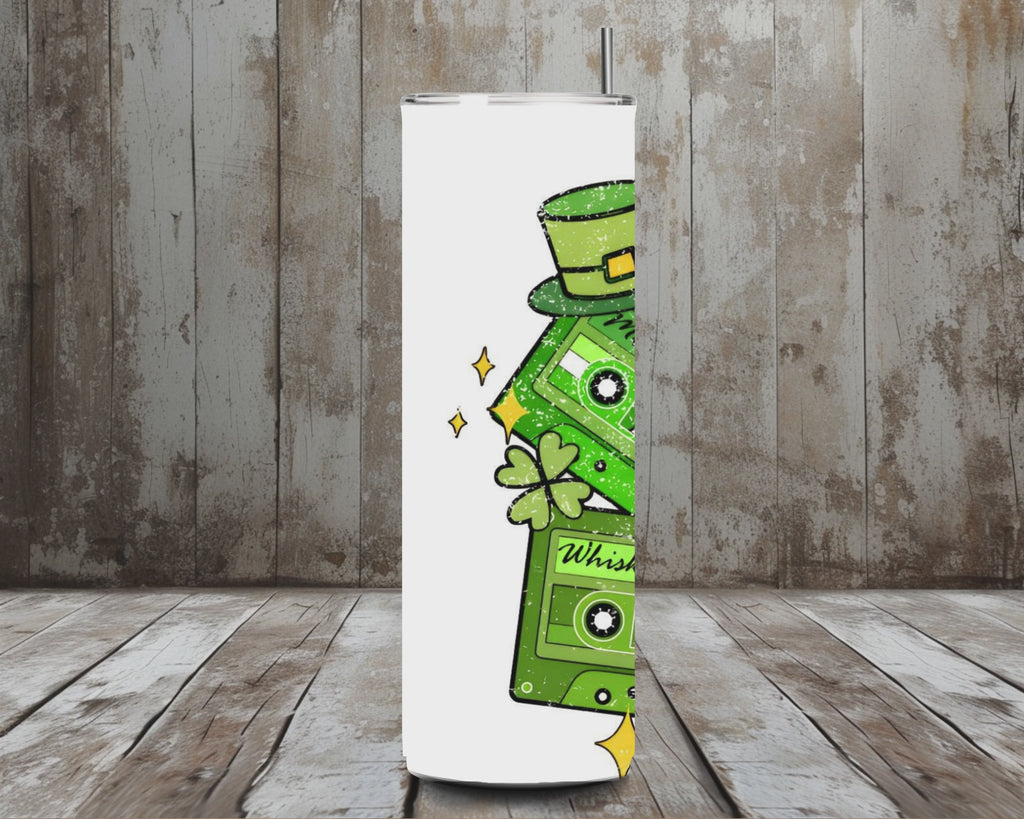 20 oz St. Patrick’s Day Mixtape Tumbler – Green Cassette Clover Retro Design (Lid + Straw)