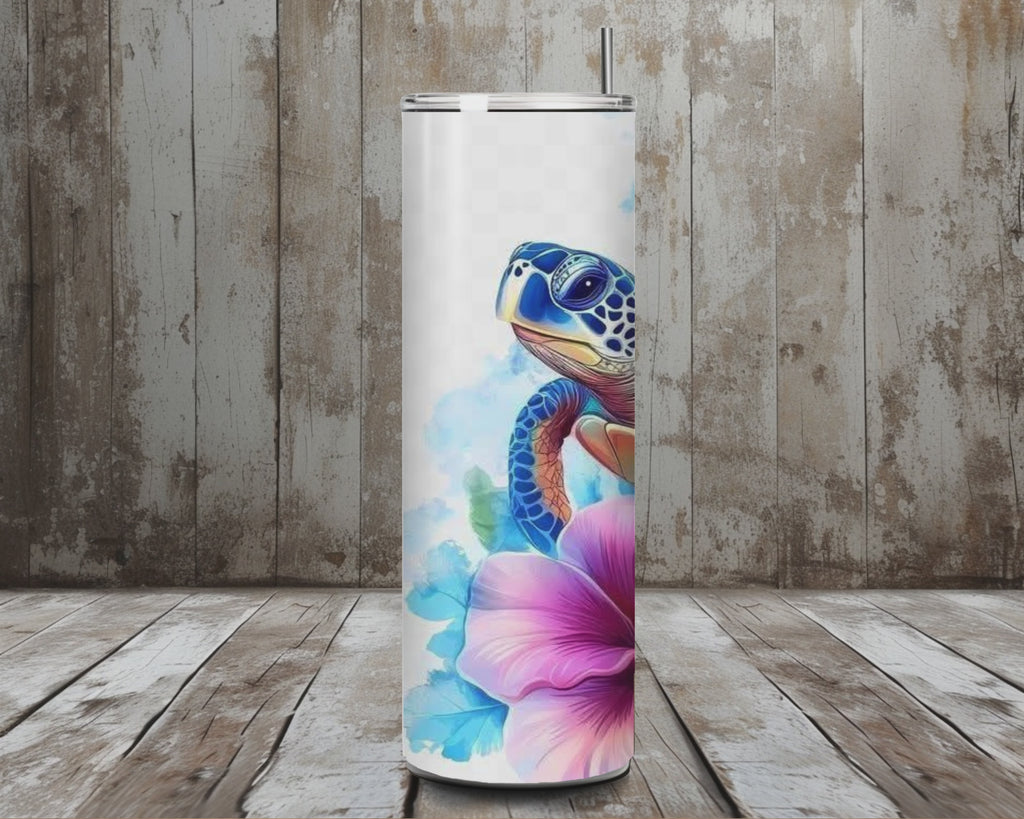 20 oz Sea Turtle & Hibiscus Stainless Steel Tumbler – Blue Ocean Watercolor Design (Lid + Straw)