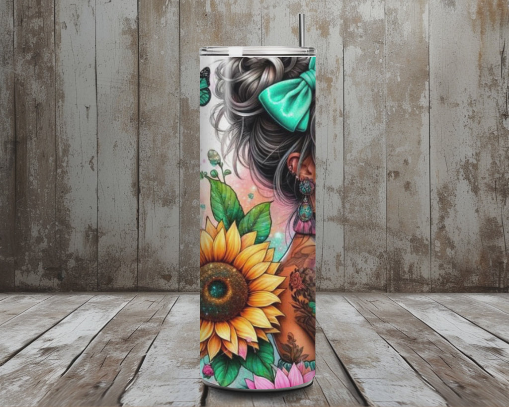 20 oz “Just a Girl Who Loves Highland Cows” Stainless Steel Tumbler – Sunflower & Teal Bow Cow Lover Design (Lid + Straw)