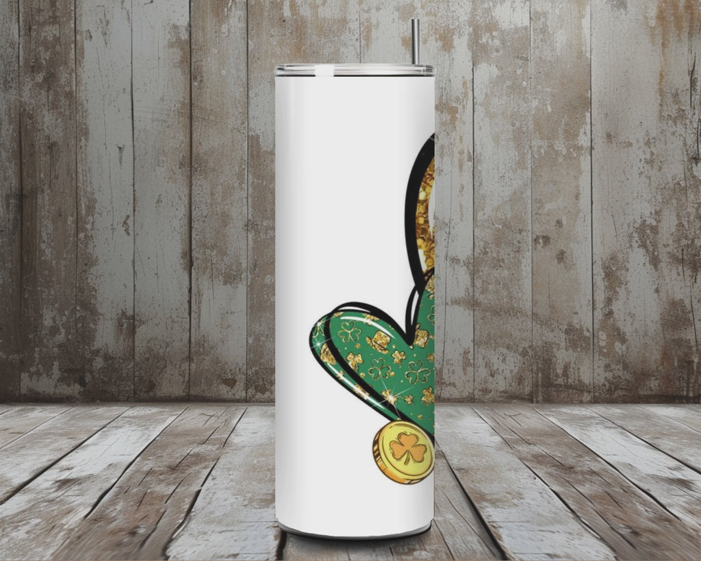 20 oz Lucky Glitter Shamrock & Gold Heart St. Patrick’s Day Tumbler – Lid + Stainless Steel Straw