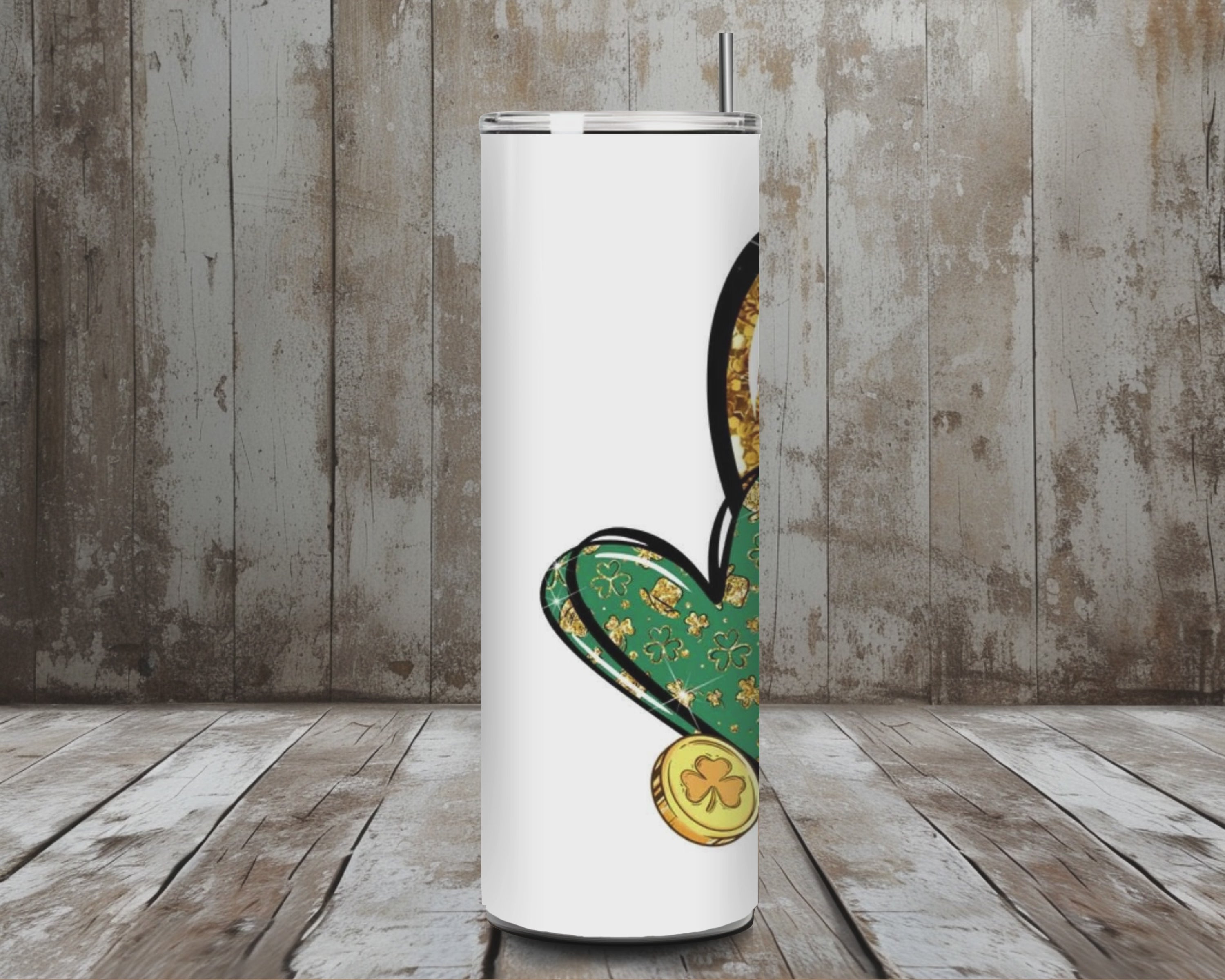 20 oz Lucky Glitter Shamrock & Gold Heart St. Patrick’s Day Tumbler – Lid + Stainless Steel Straw