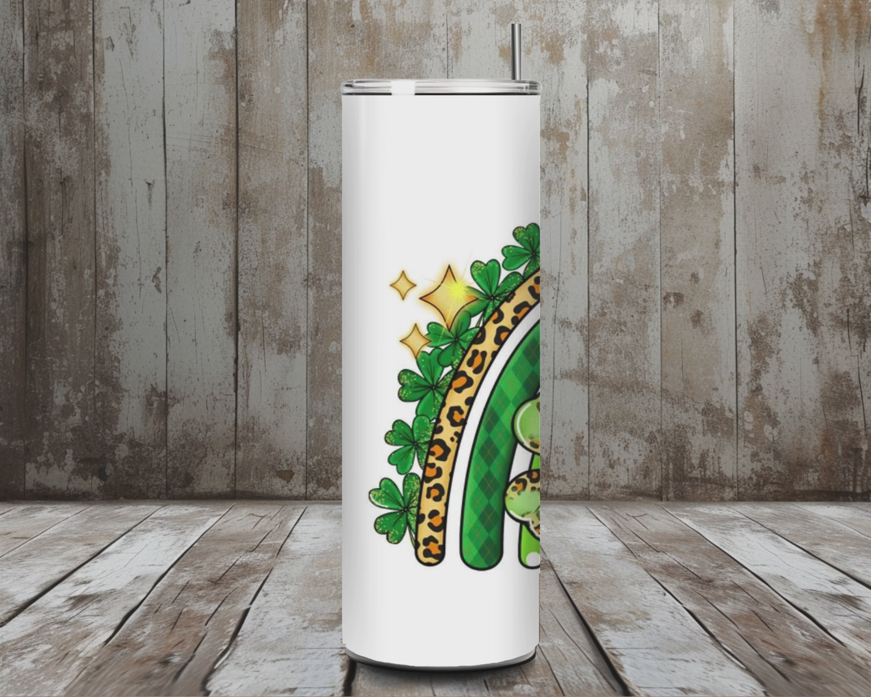 20 oz Lucky Rainbow Clover Tumbler – Leopard + Plaid Green St. Patrick’s Day (Lid + Straw)