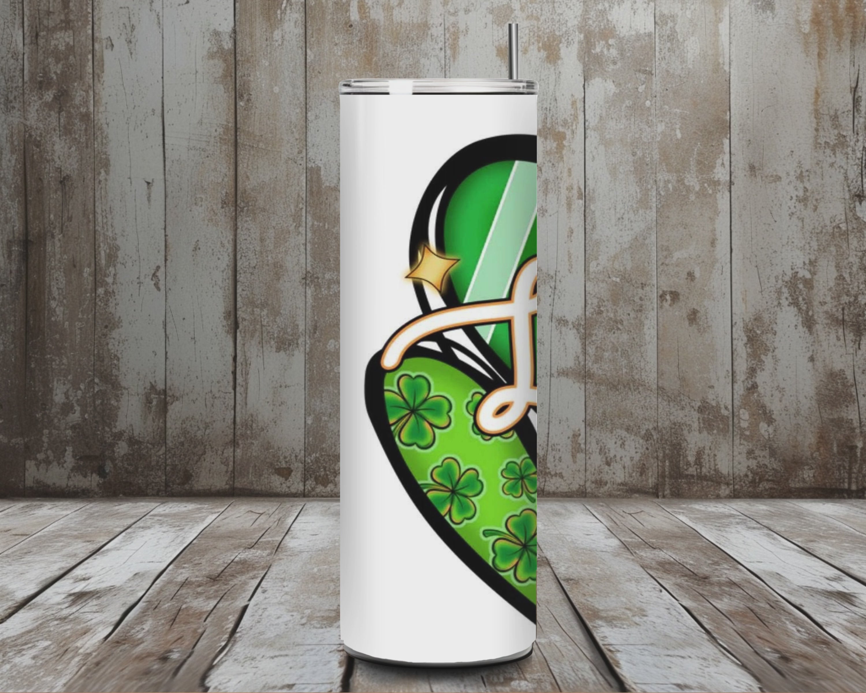 20 oz Lucky Heart Patchwork Tumbler – Clover + Green Stripes + Leopard Print (Lid + Straw)