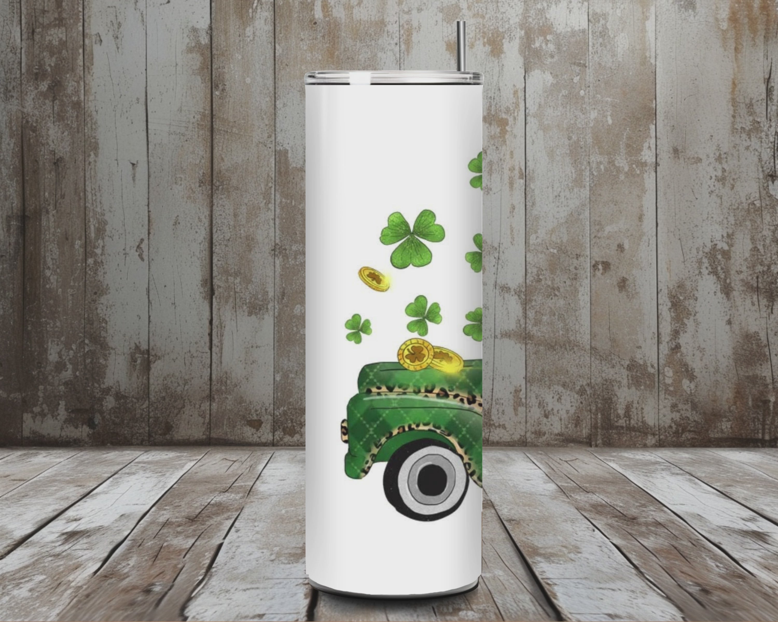 20 oz Happy St. Patrick’s Day Shamrock Truck Tumbler (Leopard Trim) – Lid + Stainless Steel Straw