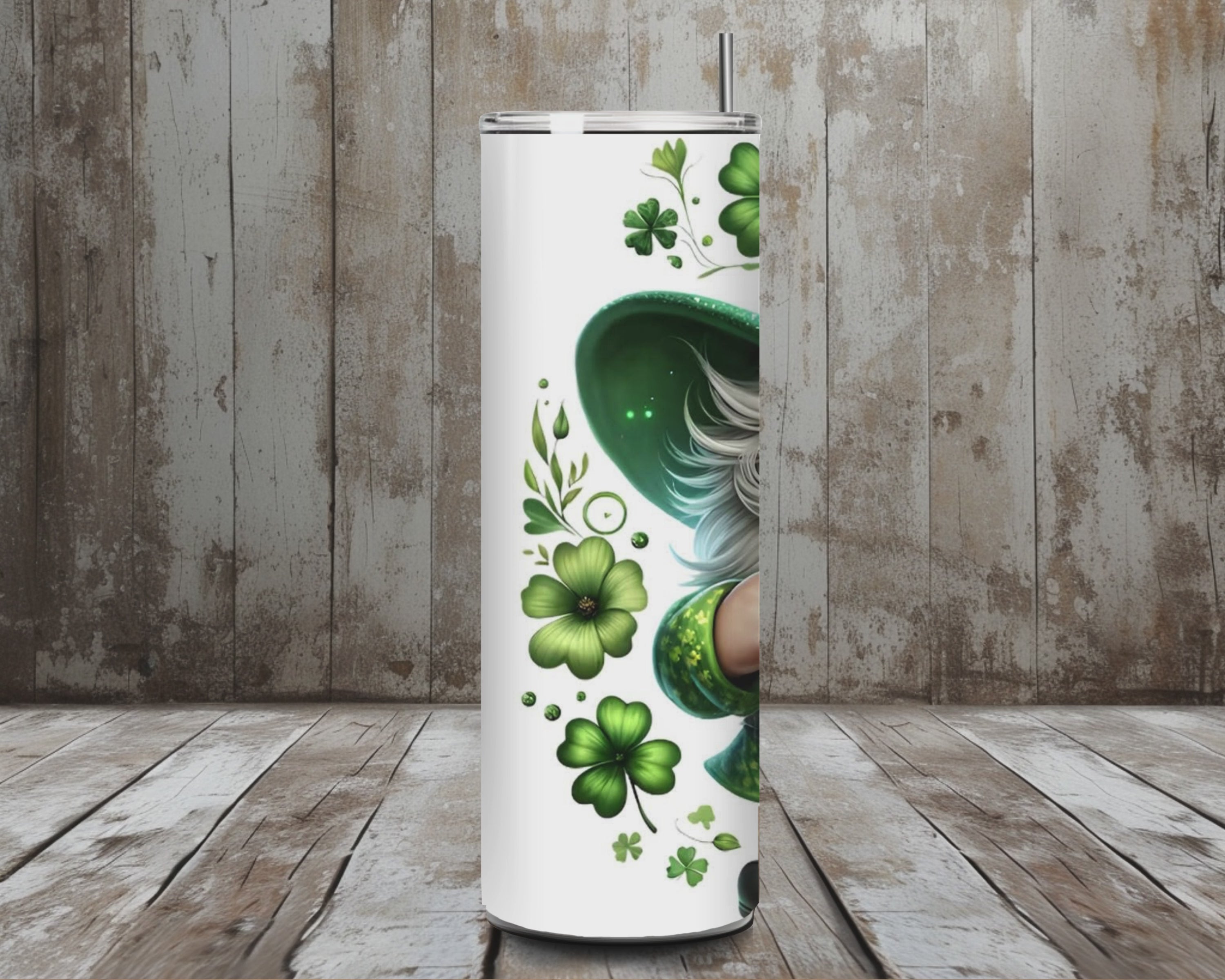 20 oz Green Beer Gnome St. Patrick’s Day Tumbler – Leprechaun Hat Shamrock Cup – Lid + Stainless Steel Straw