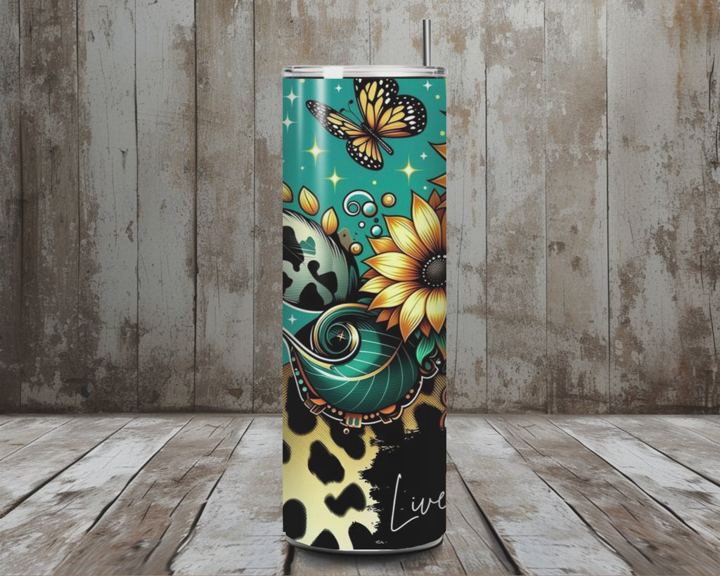 20 oz Live Your Best Life Sunflower Leopard Teal Stainless Steel Tumbler – Lid + Stainless Steel Straw