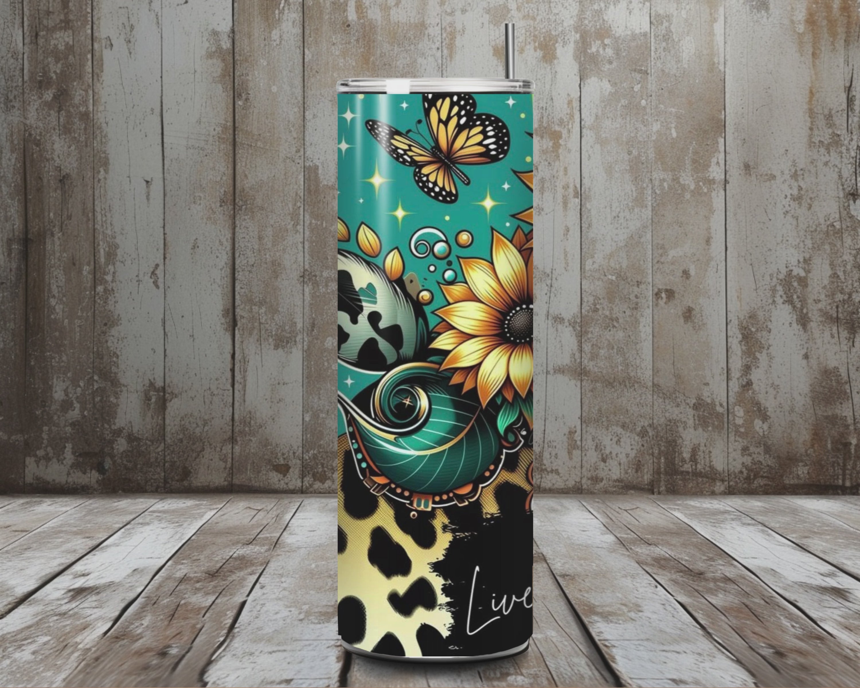 20 oz Live Your Best Life Sunflower Leopard Teal Stainless Steel Tumbler – Lid + Stainless Steel Straw