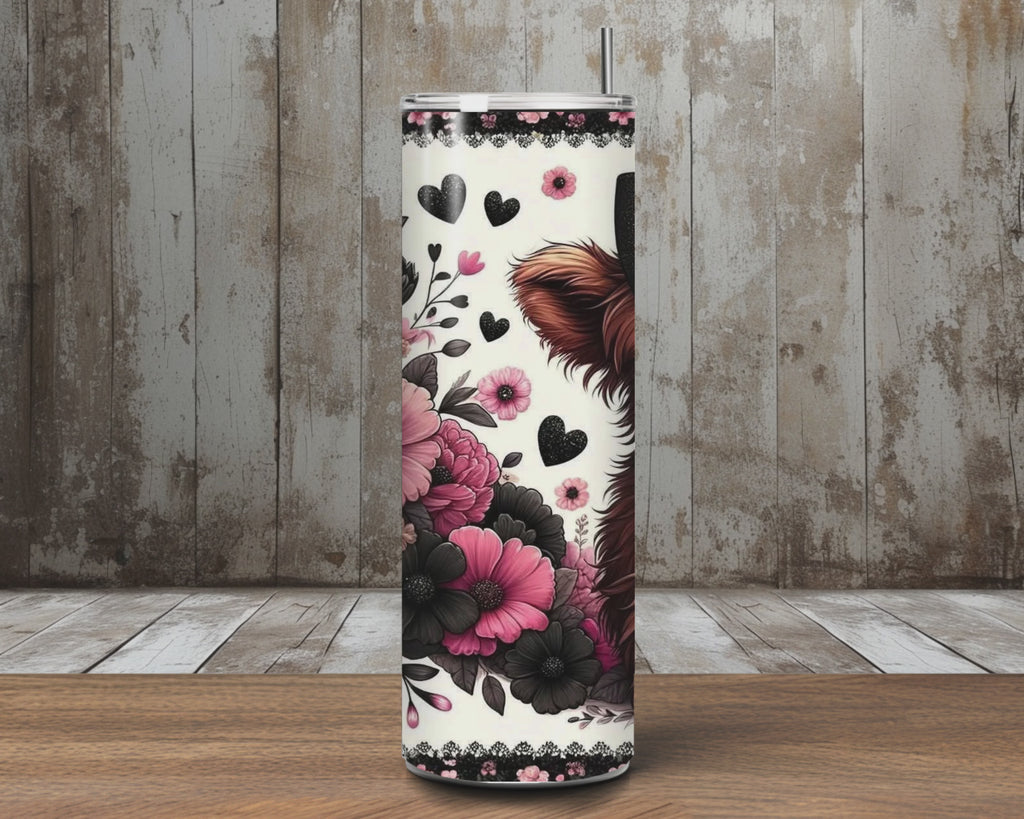 20 oz Highland Cow Bow & Floral Stainless Steel Tumbler – Pink & Black Hearts (Lid + Straw)