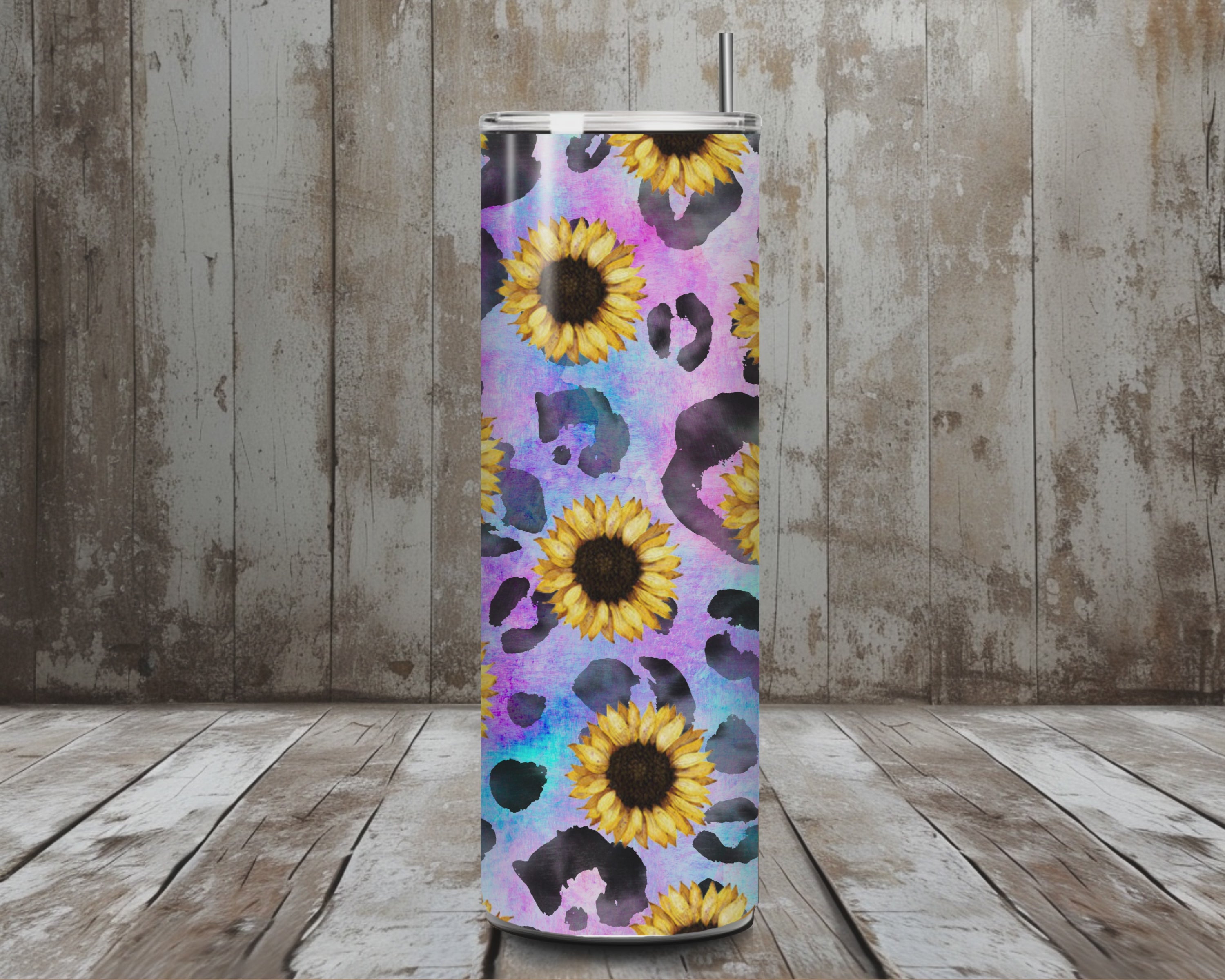 20 oz Sunflower Leopard Print Stainless Steel Tumbler – Pastel Watercolor Background (Lid + Straw)
