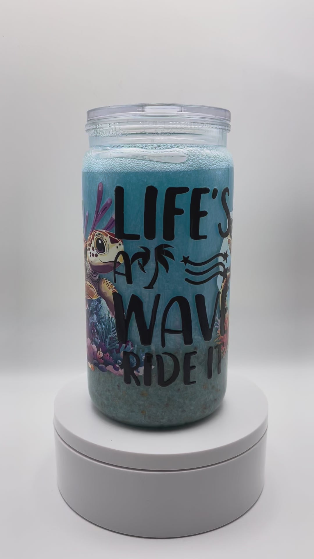 16 oz Beach Snow Globe Cup – “Life’s A Wave, Ride It” Sea Turtle Sand & Shimmer Tumbler (Lid + Straw)