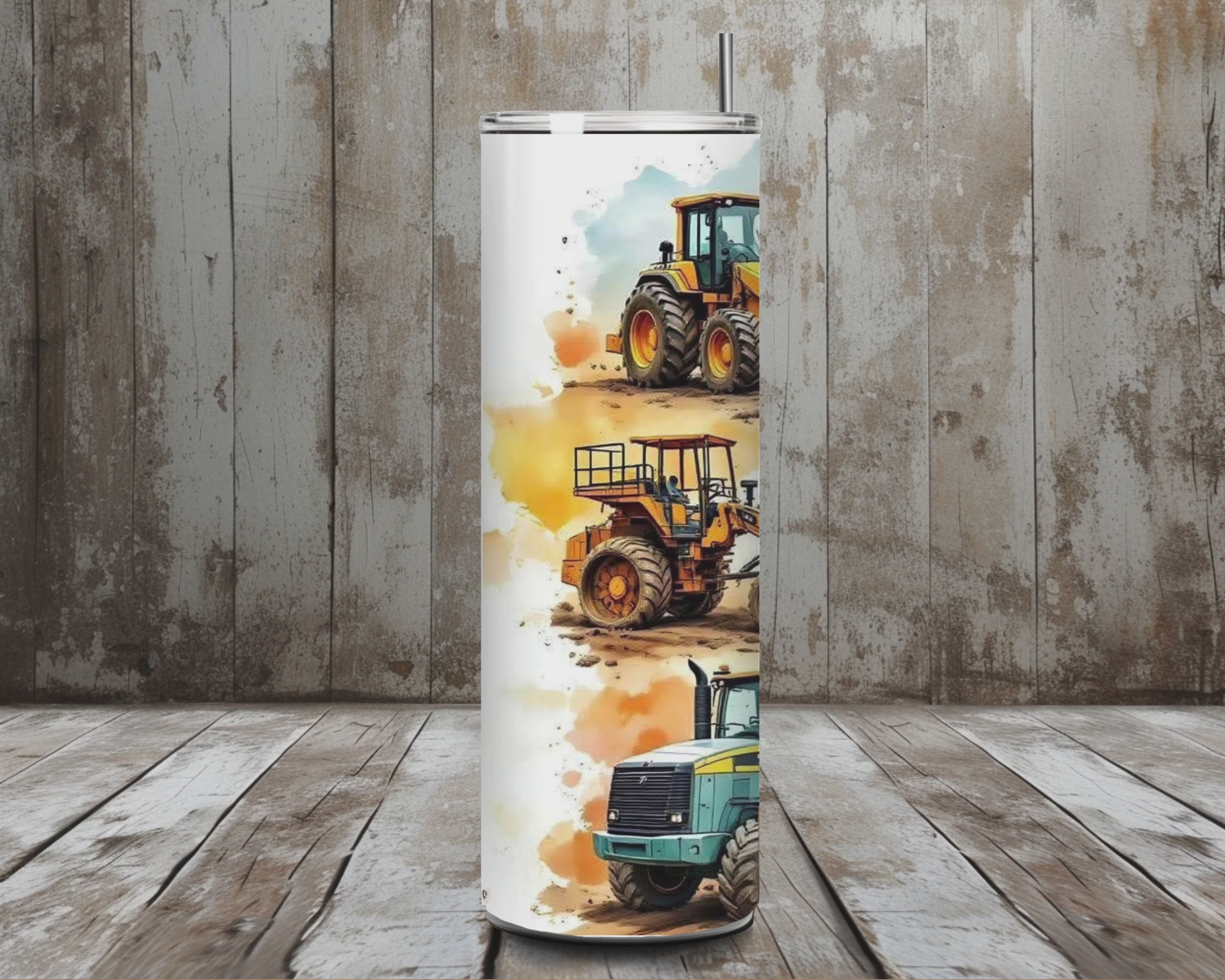 20 oz Construction Trucks Stainless Steel Tumbler – Heavy Equipment Watercolor Design (Lid + Straw)