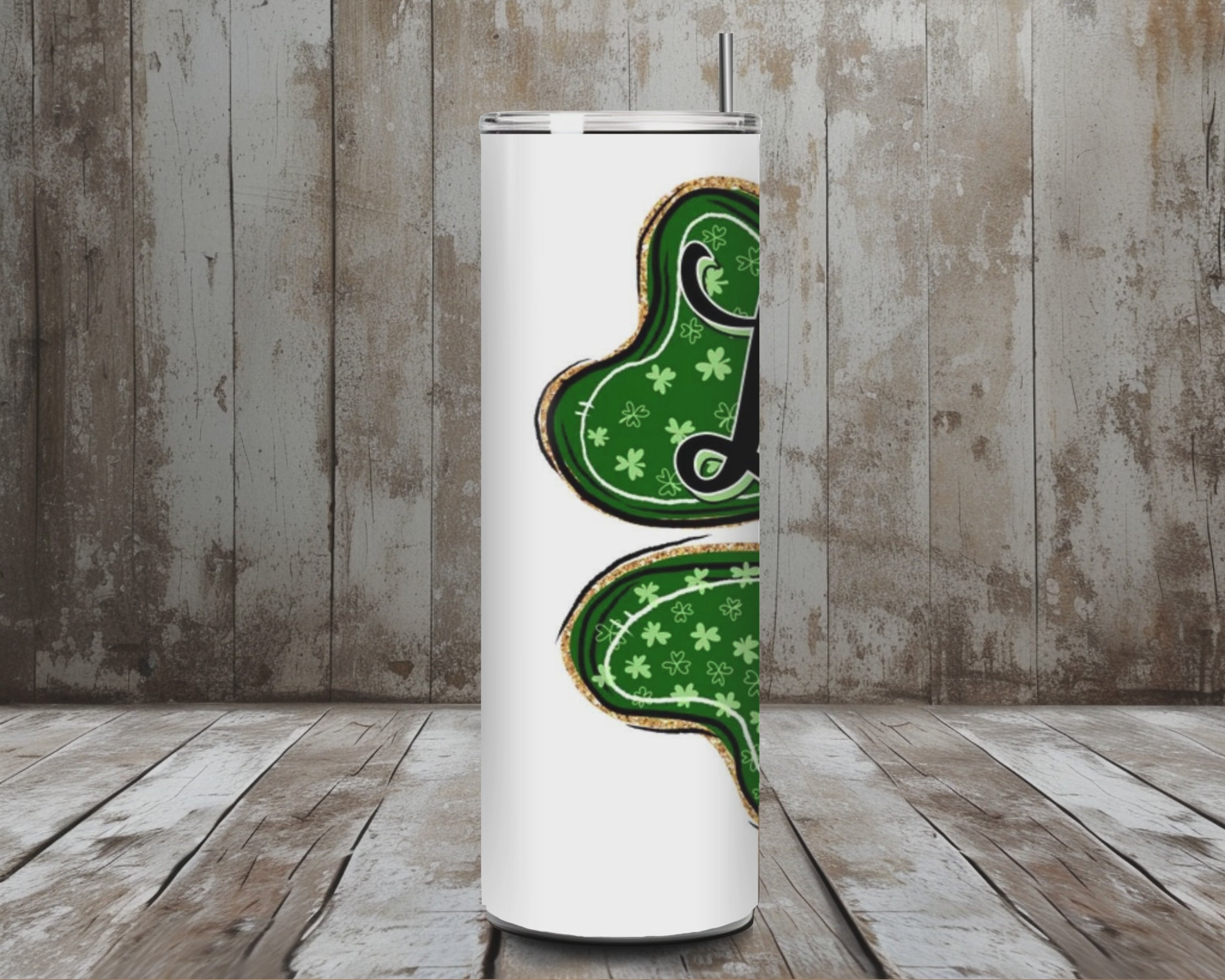 20 oz Lucky Vibes Shamrock Tumbler – Green Clover + Gold Glitter Outline (Lid + Straw)
