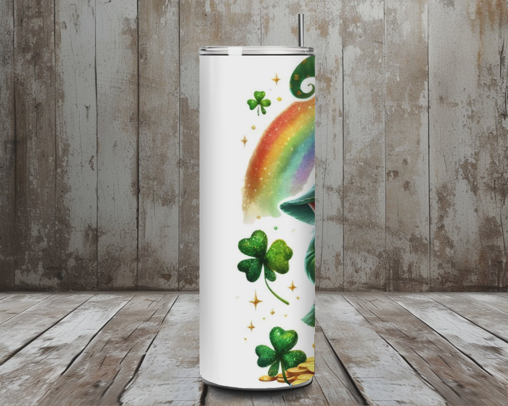 20 oz Lucky Leprechaun Gnome Tumbler – Rainbow & Pot of Gold St. Patrick’s Day Cup – Lid + Stainless Steel Straw