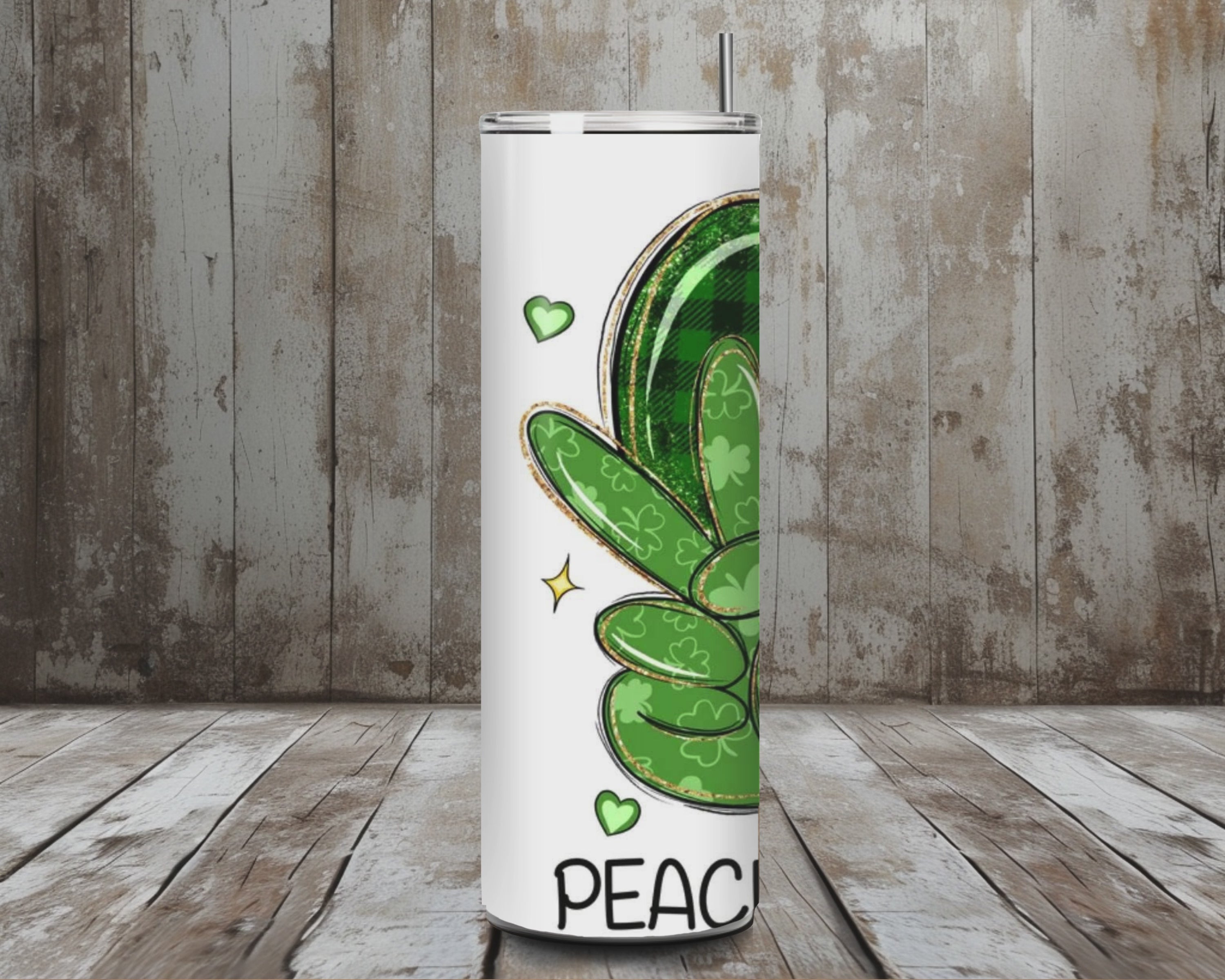 20 oz Peace Love Luck St. Patrick’s Day Tumbler – Shamrock Heart + Peace Sign Design (Lid + Straw)