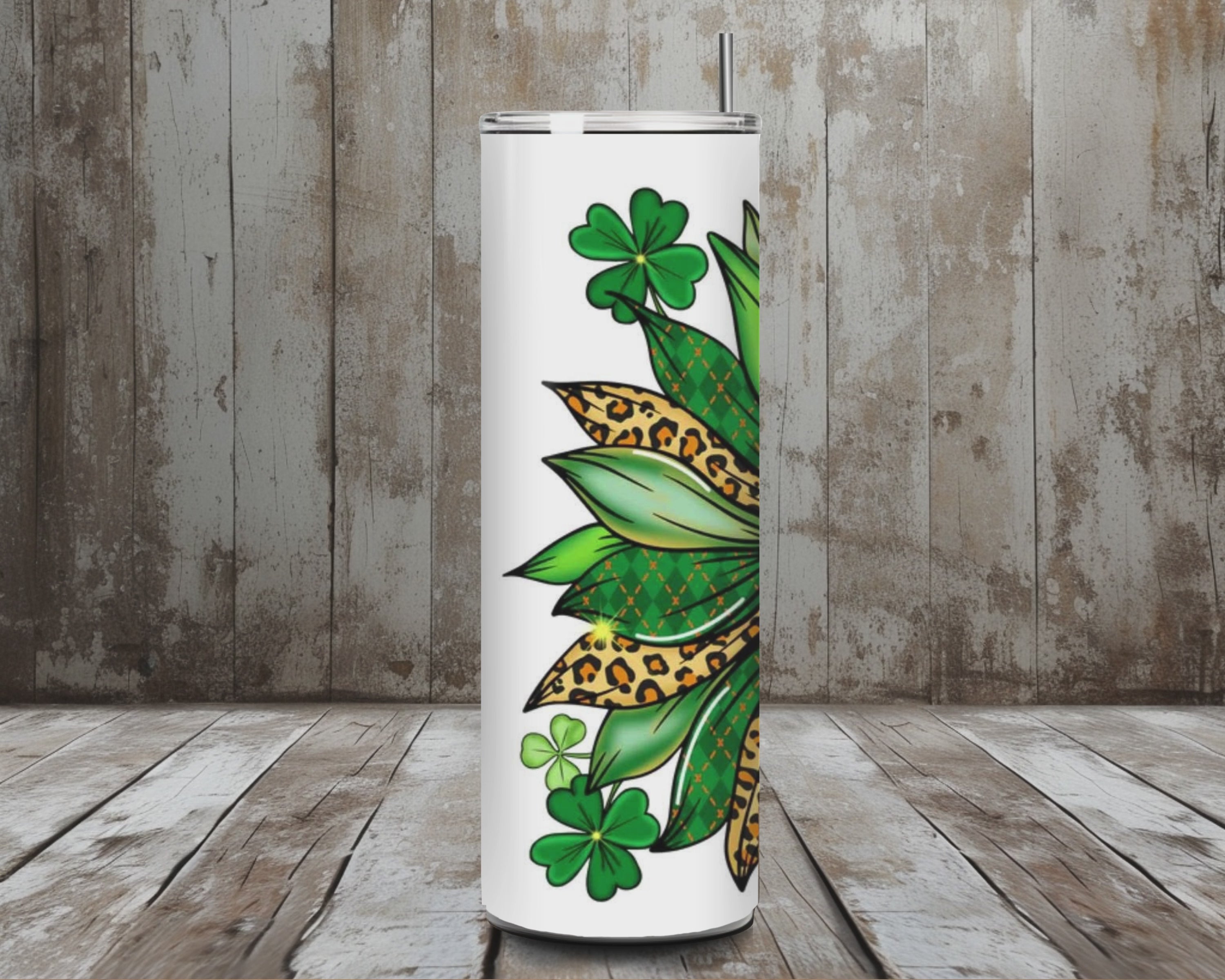 20 oz Lucky Shamrock Sunflower Tumbler – Leopard + Plaid Green St. Patrick’s Day (Lid + Straw)