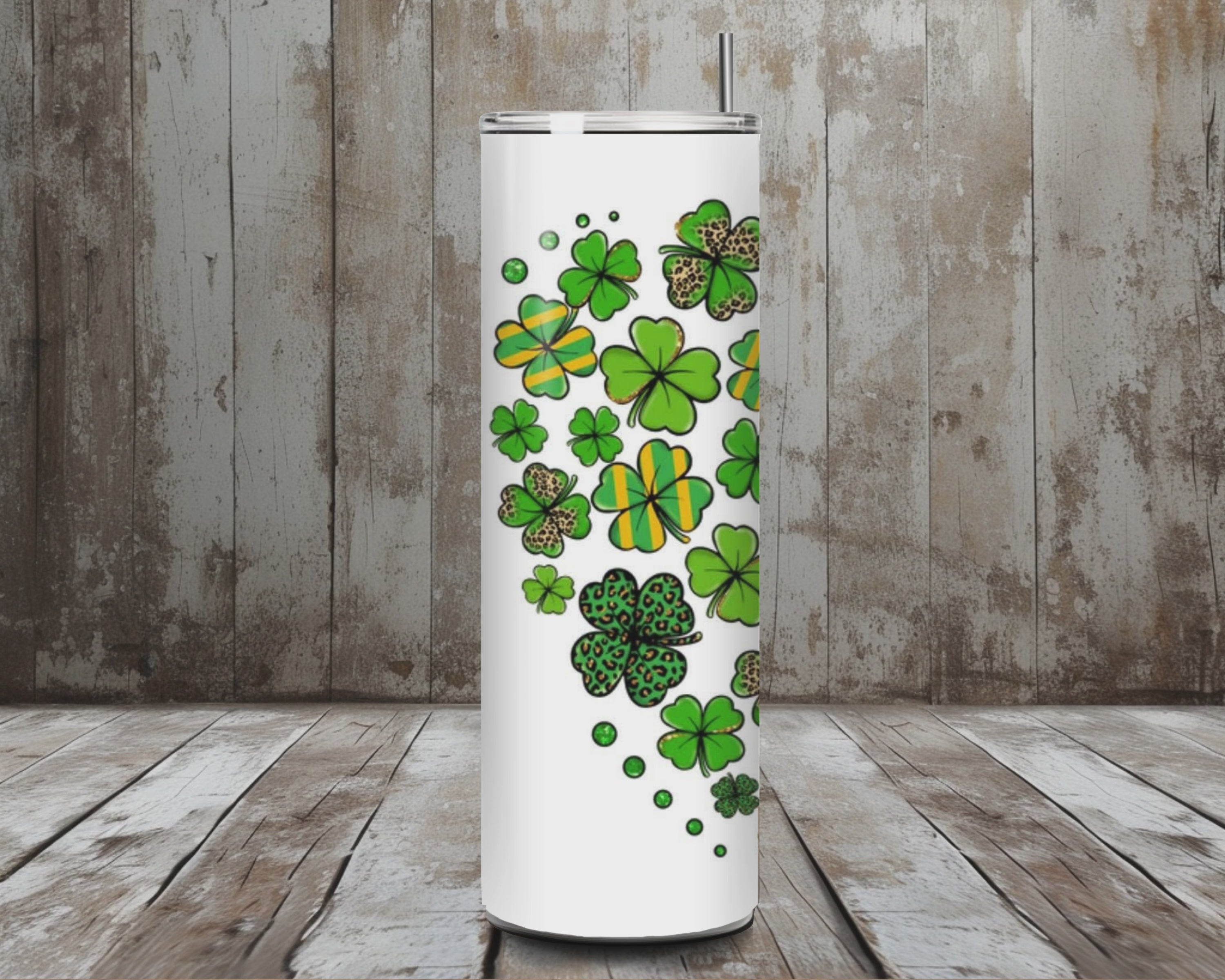 20 oz Lucky Shamrock Heart St. Patrick’s Day Tumbler – Leopard + Green/Gold Stripes (Lid + Straw)