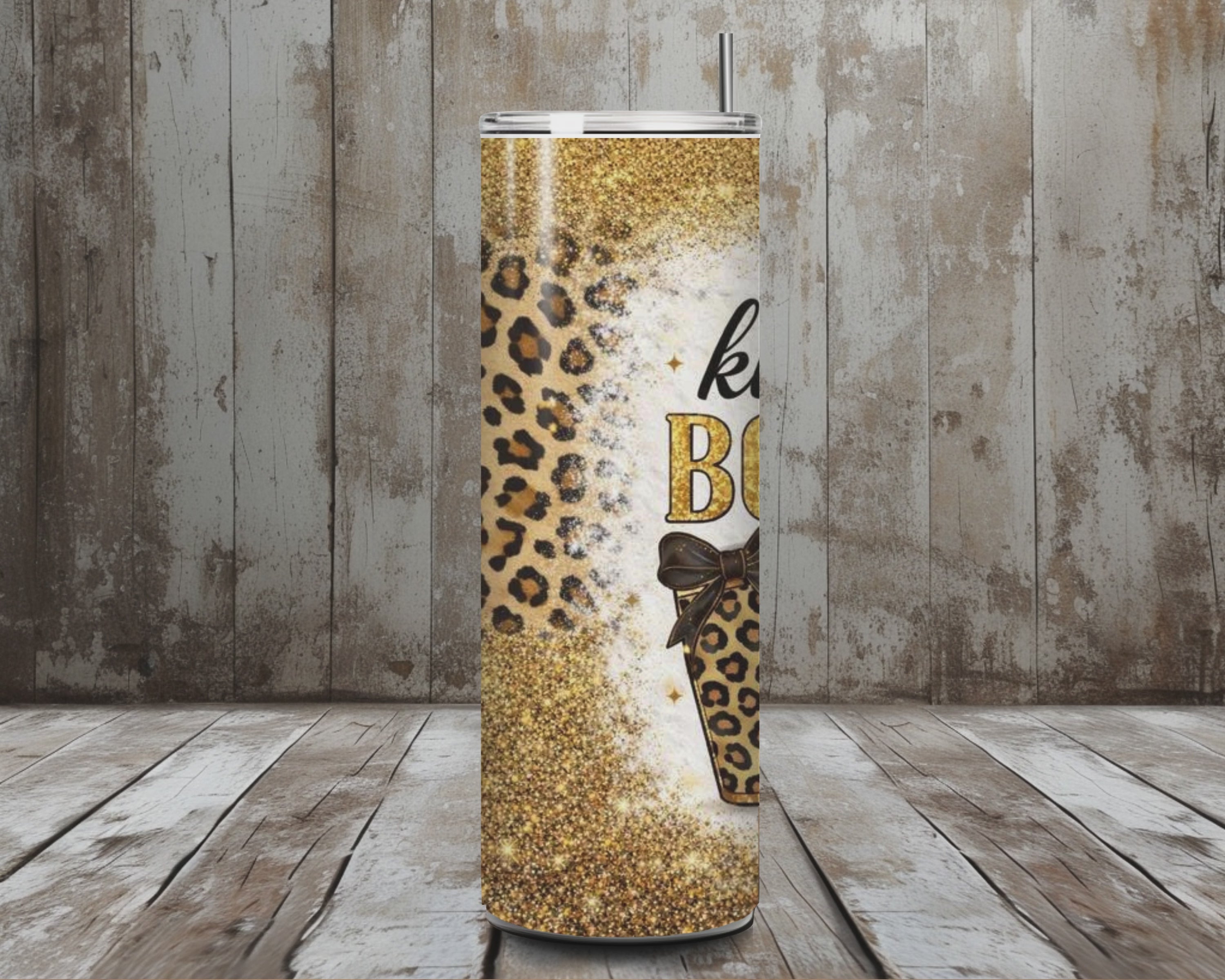 20 oz Kinda Boujee Kinda Broke Leopard Glitter Stainless Steel Tumbler – Lid + Stainless Steel Straw