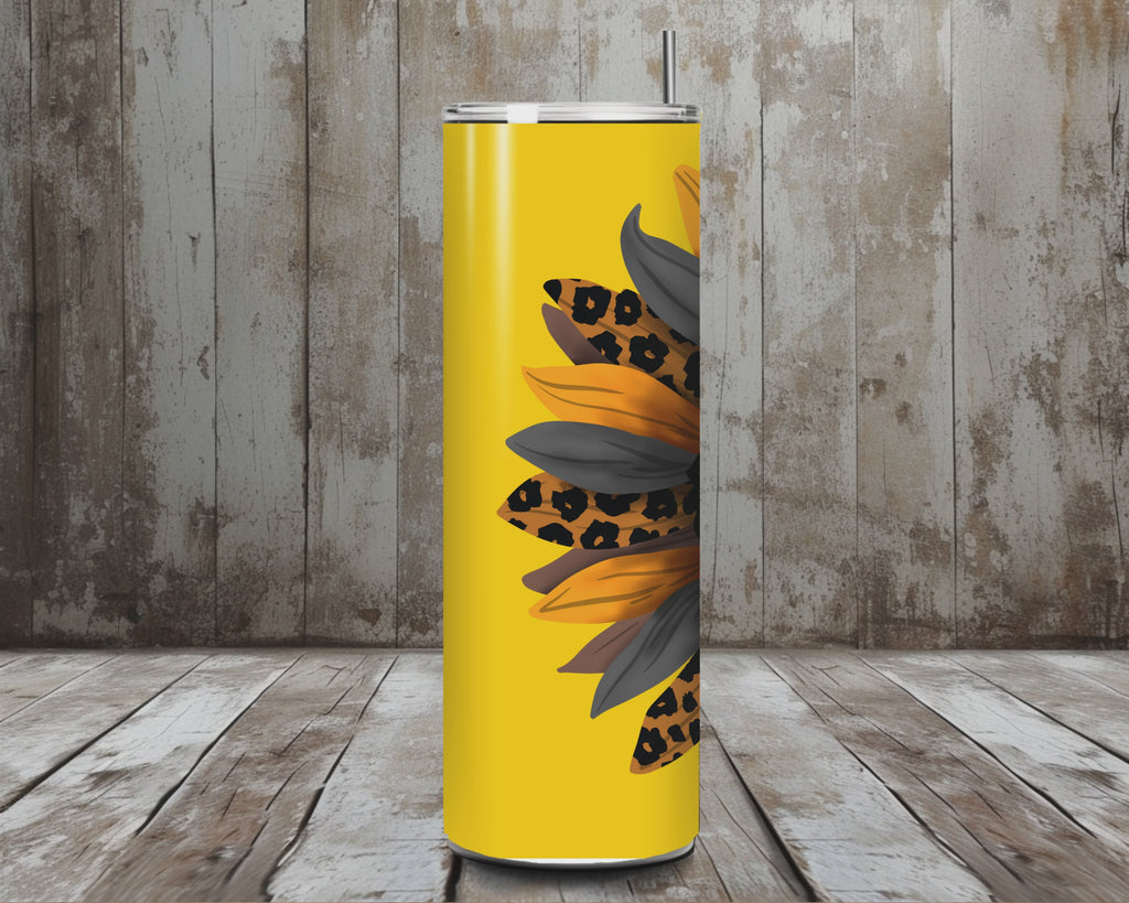 20 oz Leopard Sunflower Stainless Steel Tumbler – Bold Yellow Background (Lid + Straw)